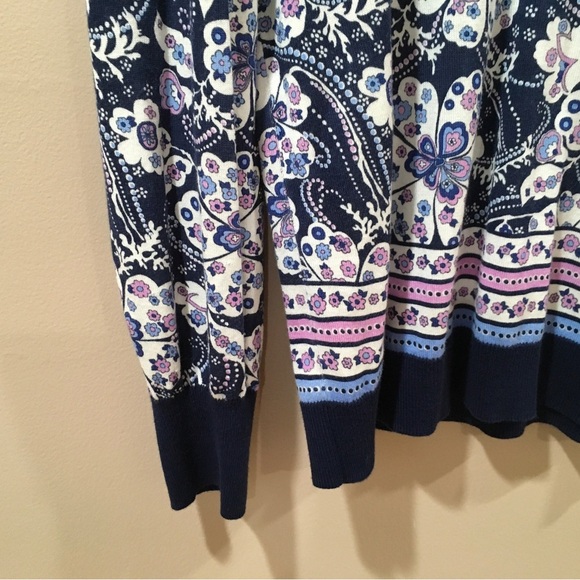 TALBOTS Knit Sweater Top Cotton Womens Size S Floral Blue Navy Purple Boho - Picture 2 of 6